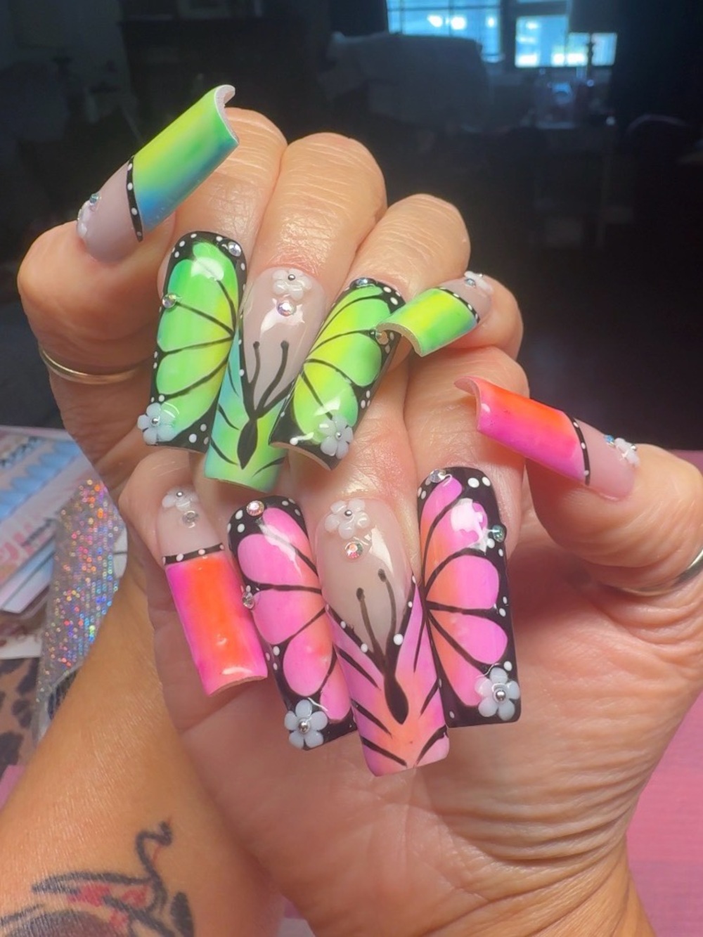 Butterfly Gradient Acrylic Nails — Neon Pink & Lime Green
